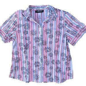 Sag Harbor Red White Blue Stripe Floral Blouse Size L Button Up Y2K Patriotic